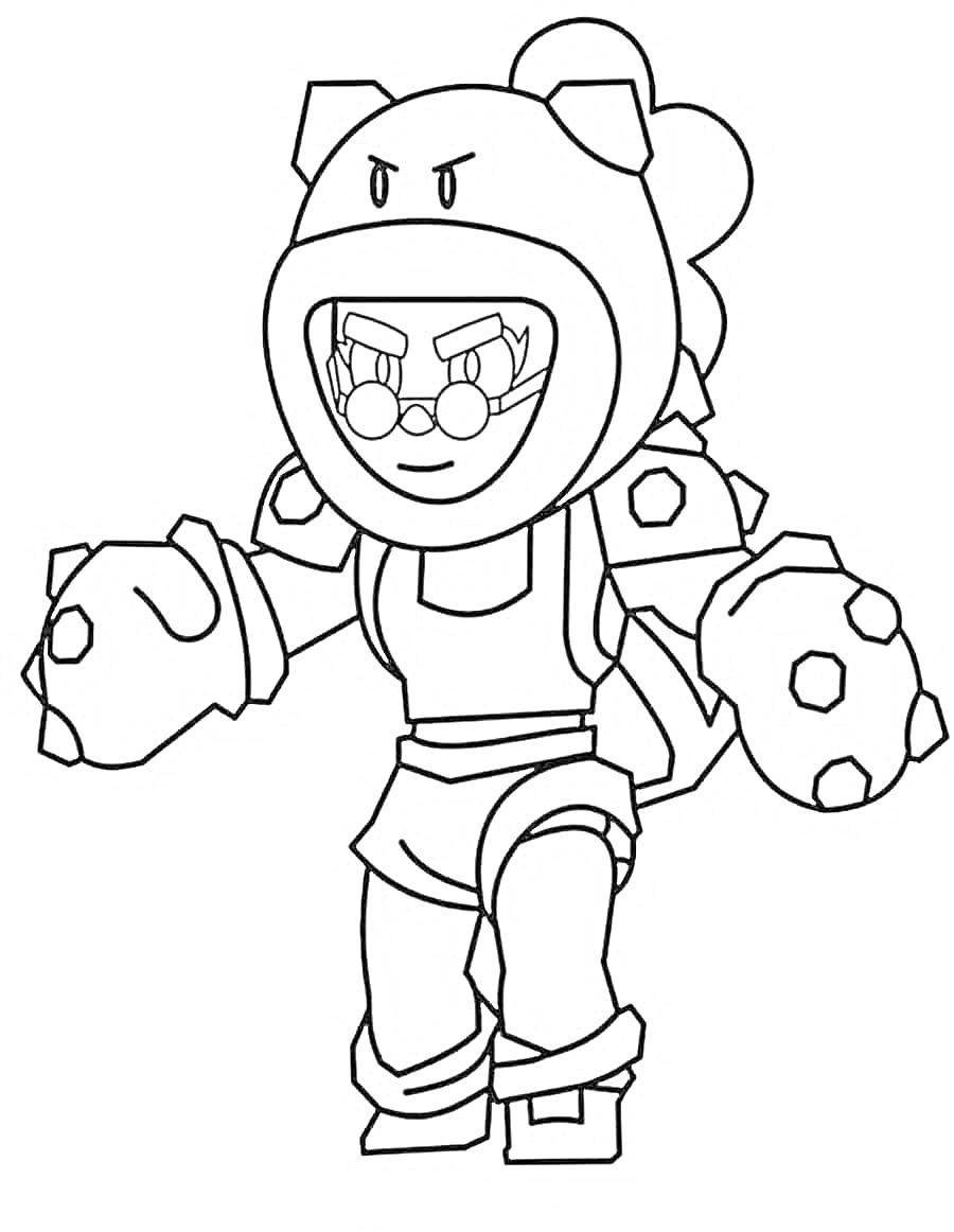 Раскраска персонажа Роза из игры Бравл Старс в боевой экипировке с перчатками-шипами и шлемом с медведем
