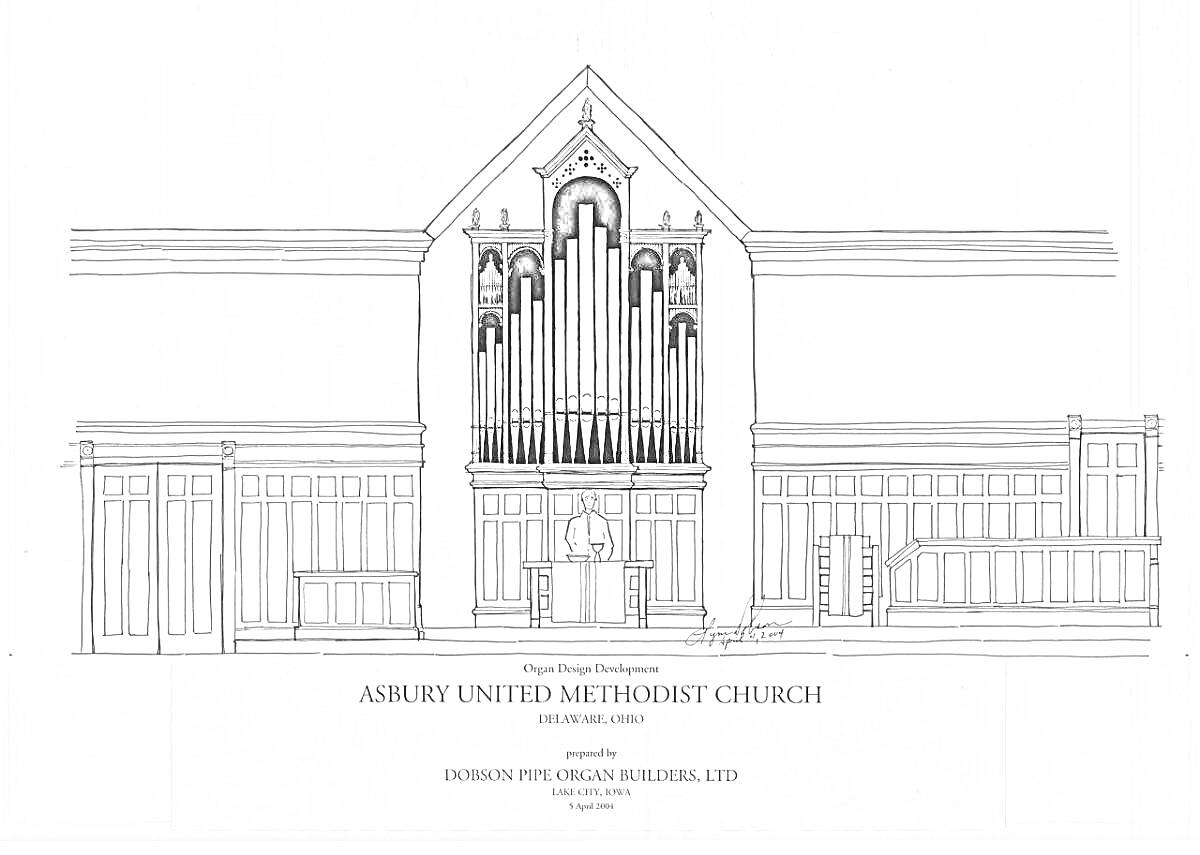 Раскраска Черно-белая раскраска с изображением органа и интерьера церкви Asbury United Methodist Church