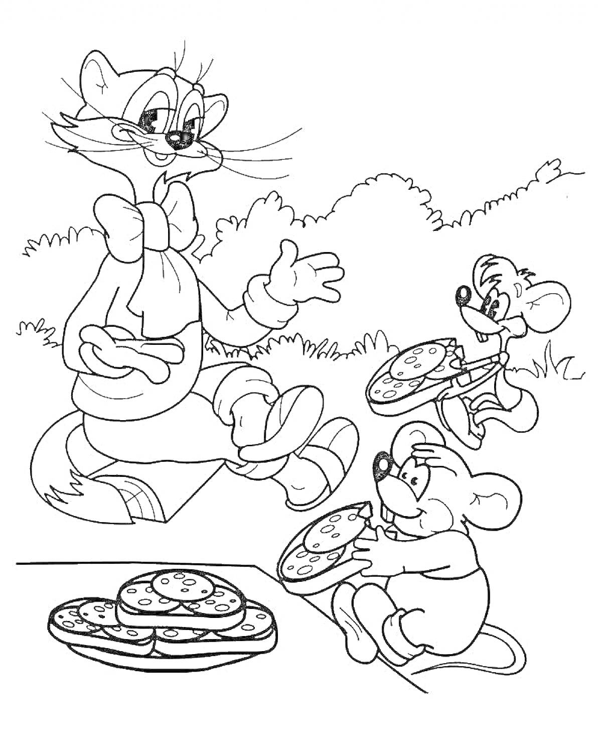 Раскраска Кот Леопольд и мыши едят пиццу на природе