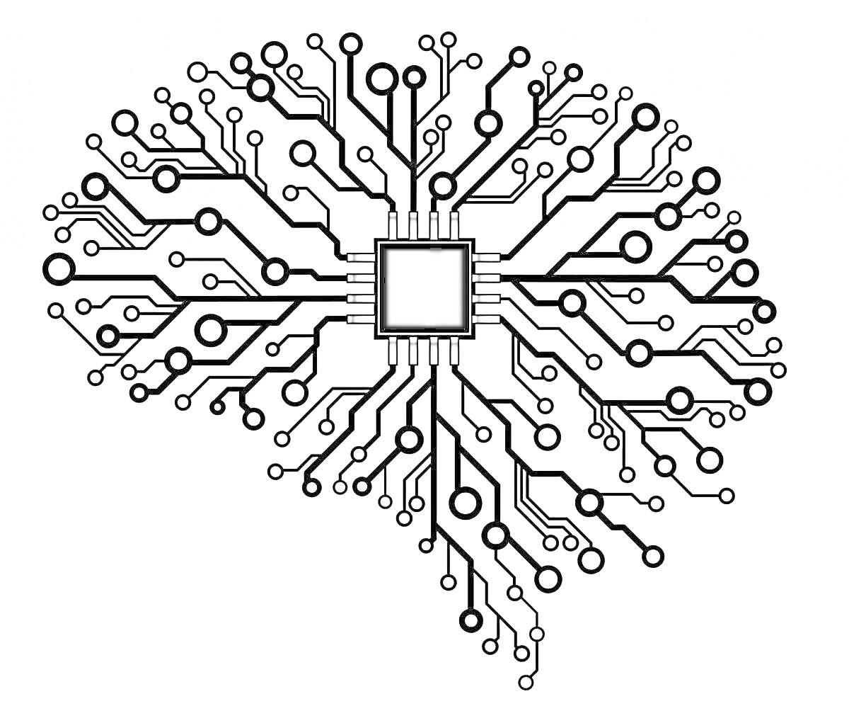 Печатная плата в форме мозга с центральным процессором и цепями