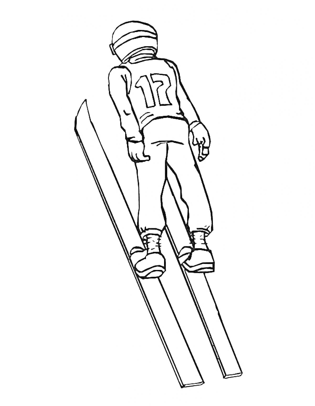 Раскраска Лыжный прыжок — лыжник в шлеме и номере 