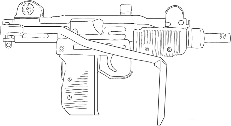 На раскраске изображено: Пистолет-пулемет, Оружие, Приклад, Прицел