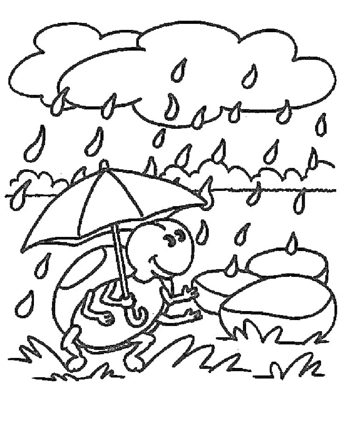 На раскраске изображено: Черепаха, Зонт, Дождь, Облака, Капли дождя, Кувшинки, Водоем, Трава, Природа