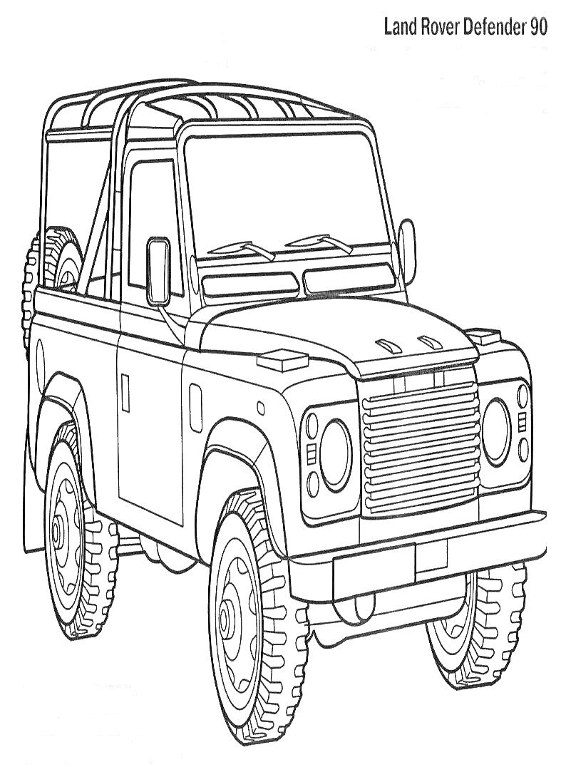 Land Rover Defender 90 с запасным колесом, лобовыми стеклоочистителями и детализированными элементами кузова