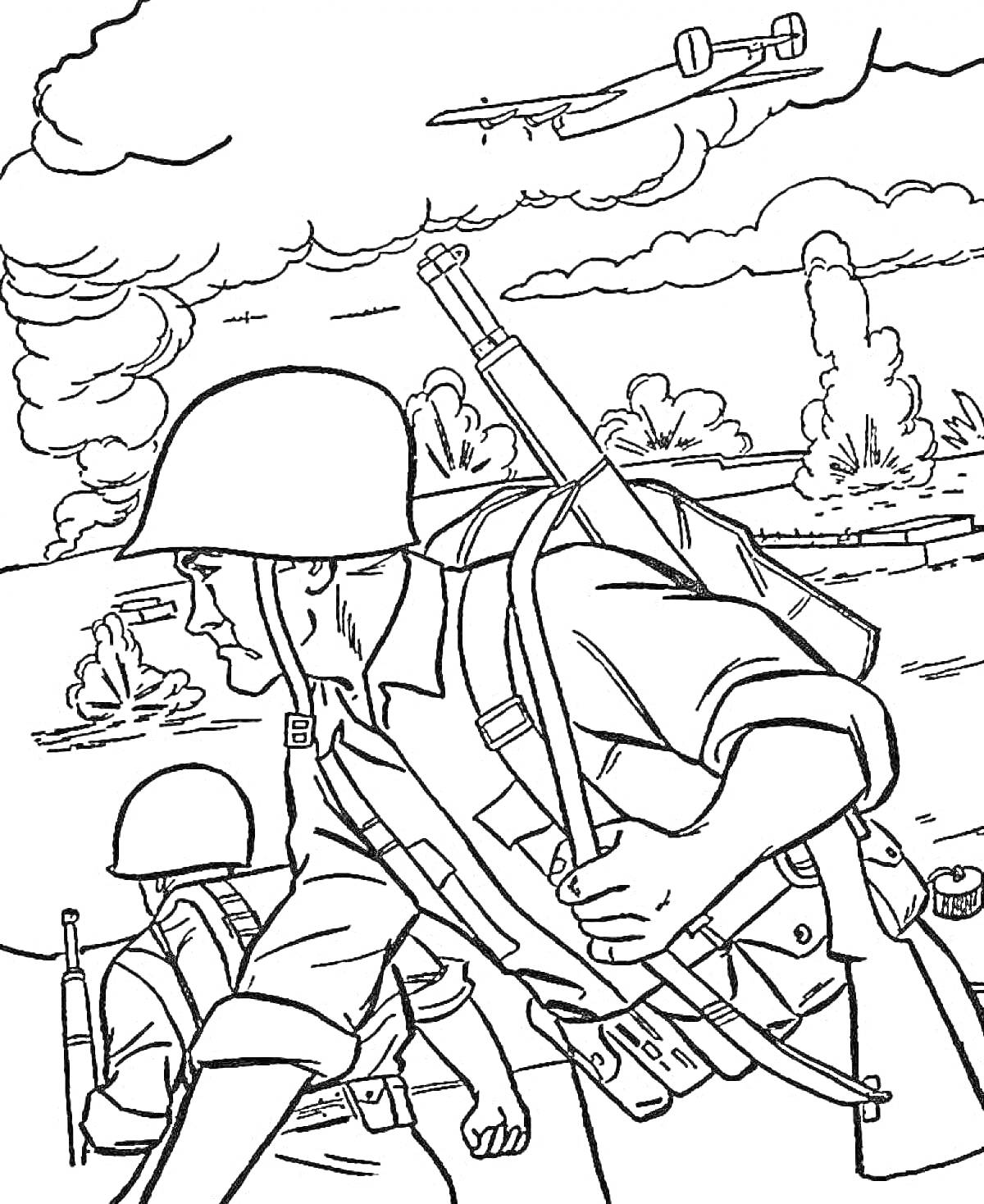 Раскраска Солдаты на войне в шлемах с оружием, самолеты в небе, дым и взрывы на фоне