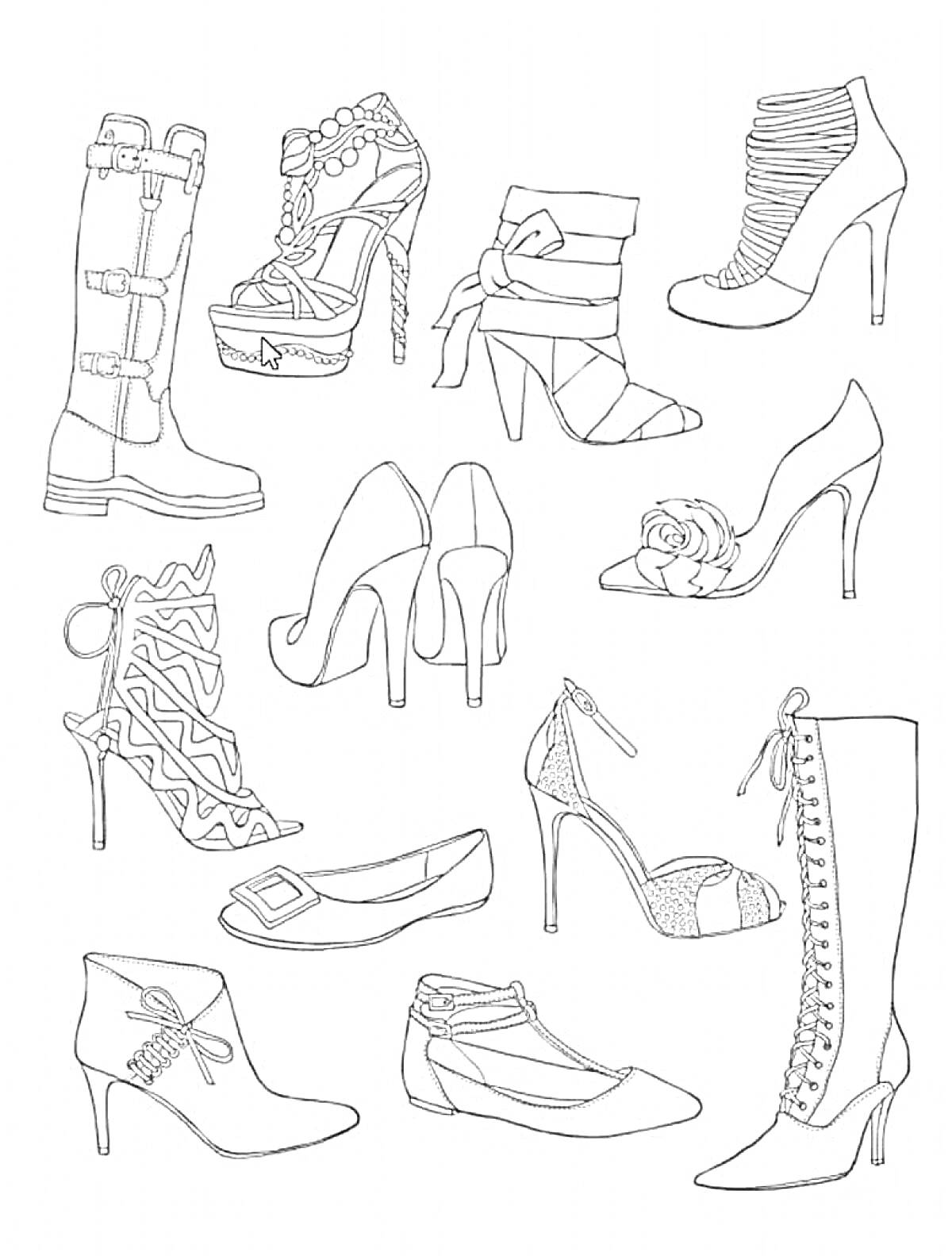 Раскраска Разнообразные туфли для девочек: высокие ботинки на шнуровке, босоножки с цветами и орнаментом, туфли на ремешке, туфли на каблуке с лентами и сандалии на плоской подошве