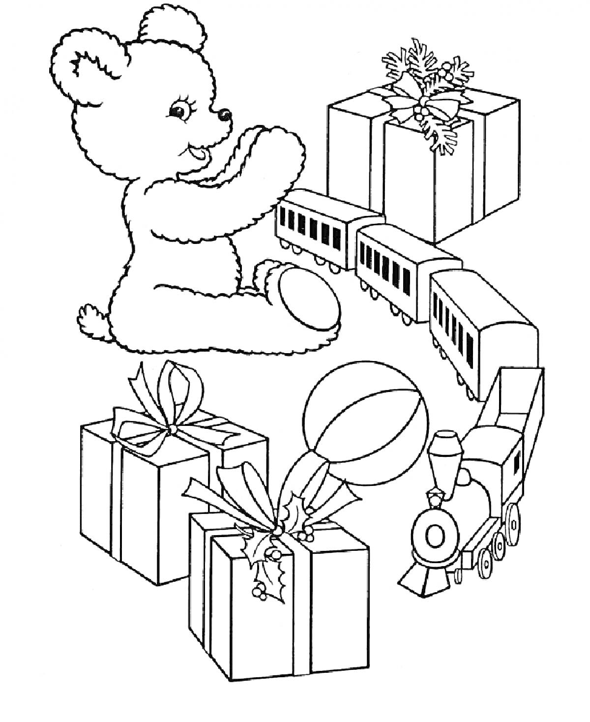 Медвежонок, новогодние подарки с бантиками, игрушечный поезд, мяч
