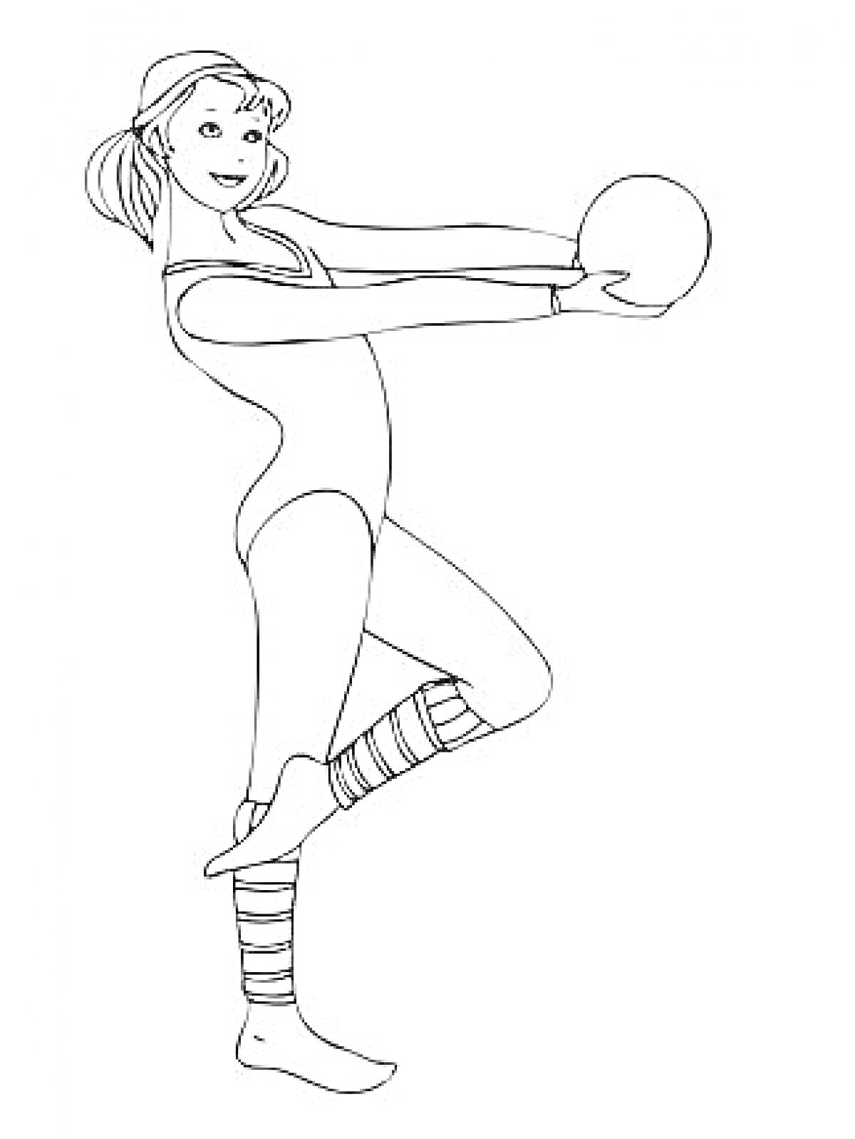 Раскраска Девушка-спортсменка с мячом, выполняющая гимнастическое упражнение