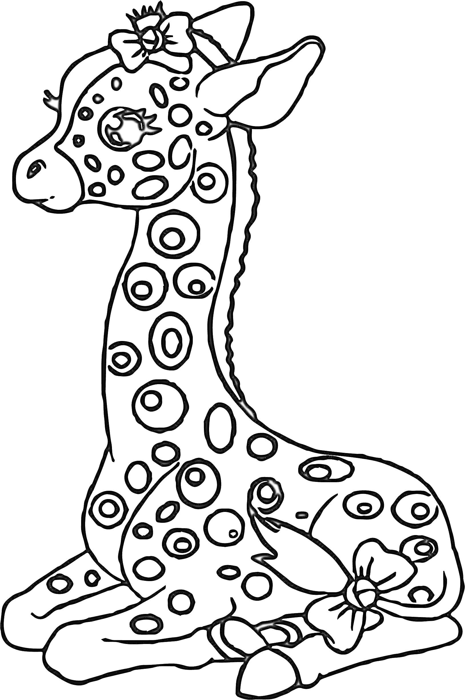 Маленький жираф с большими глазами, сидящий и украшенный бантами
