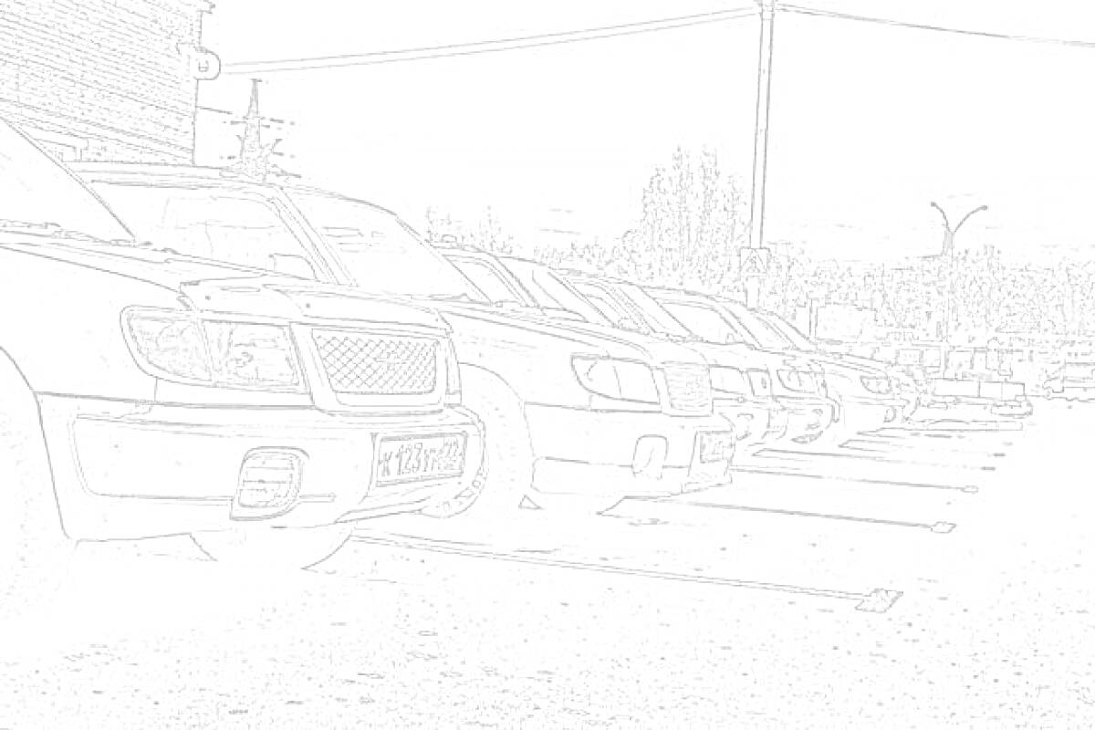 РаскраскаРяд автомобилей Subaru Forester на парковке