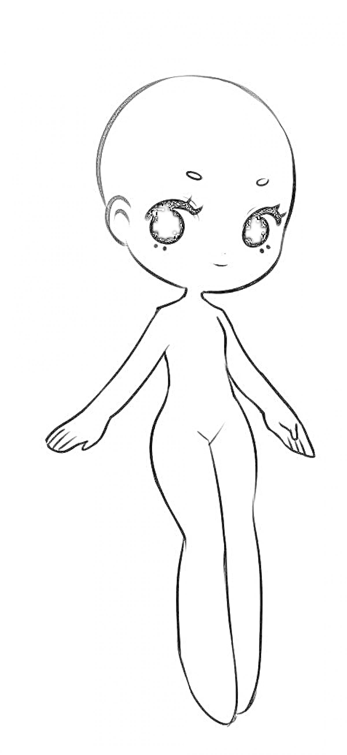 Раскраска Контурное изображение тела аниме персонажа с большими глазами, без одежды и волос
