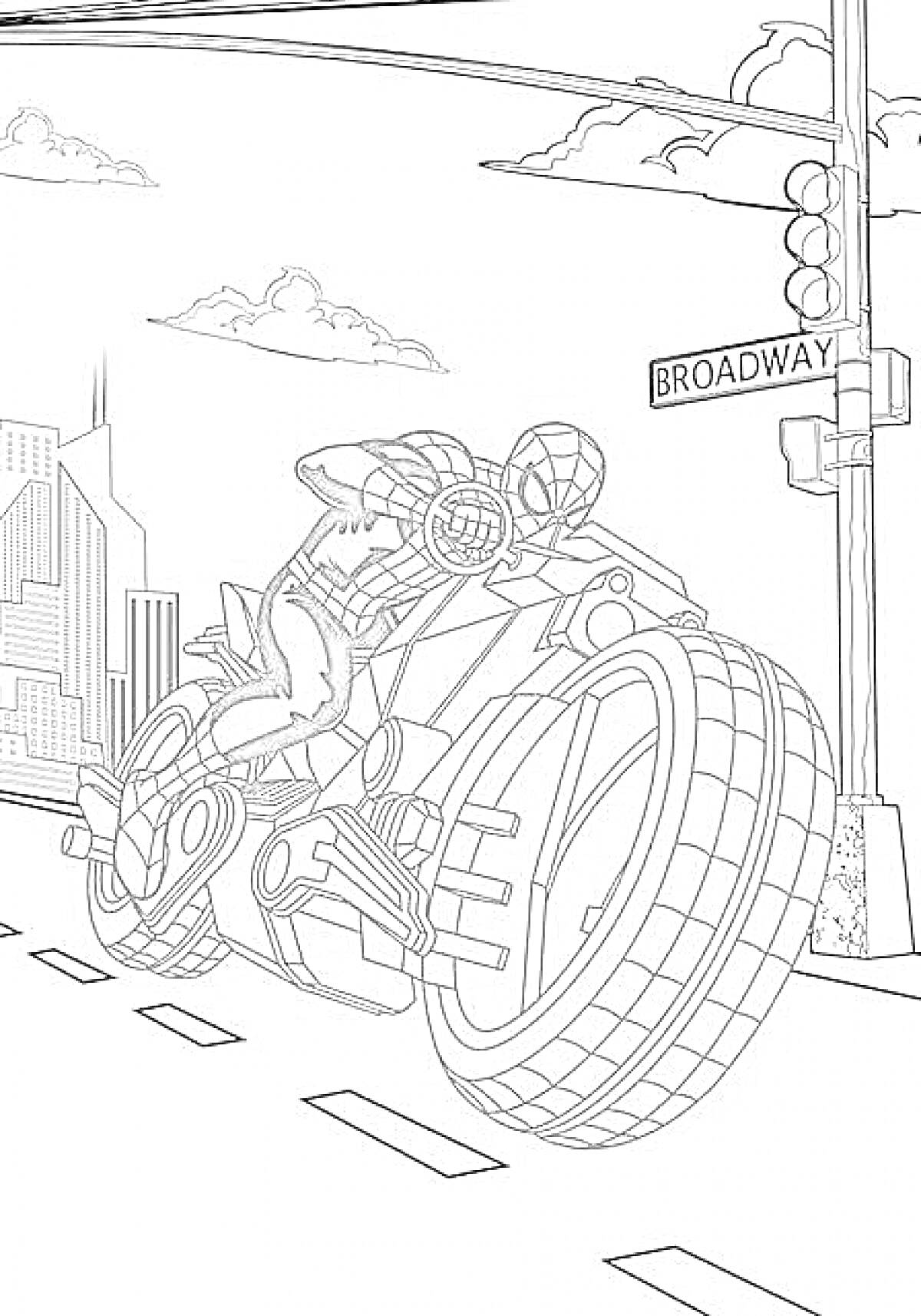 На раскраске изображено: Человек-Паук, Мотоцикл, Небоскрёбы, Облака, Дорожные знаки, Улицы