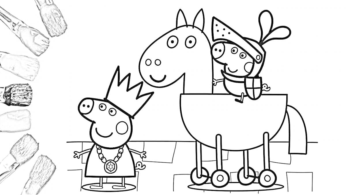 Раскраска Свинка с короной и медальоном, свинка в шлеме рыцаря на деревянной лошади на колесах
