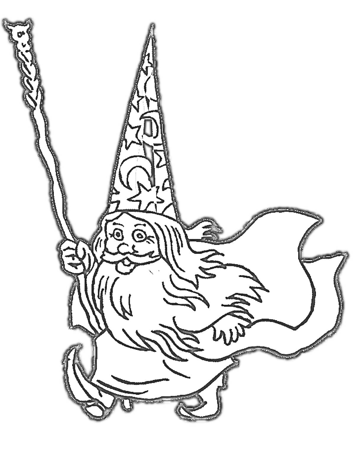 Раскраска Волшебник с посохом в длинной мантии и остроконечной шляпе с узорами