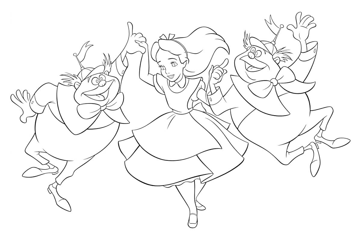 На раскраске изображено: Алиса, Два персонажа, Кепки, Платье, Из сказок, Приключения, Для детей, Танец