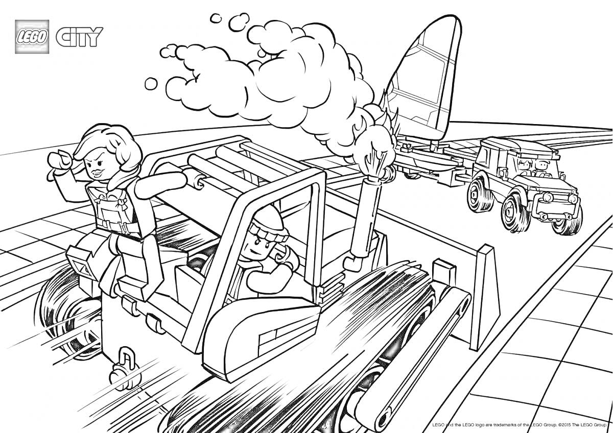 Раскраска Лего город - персонажи на эвакуаторе, буксирующей машину с яхтой