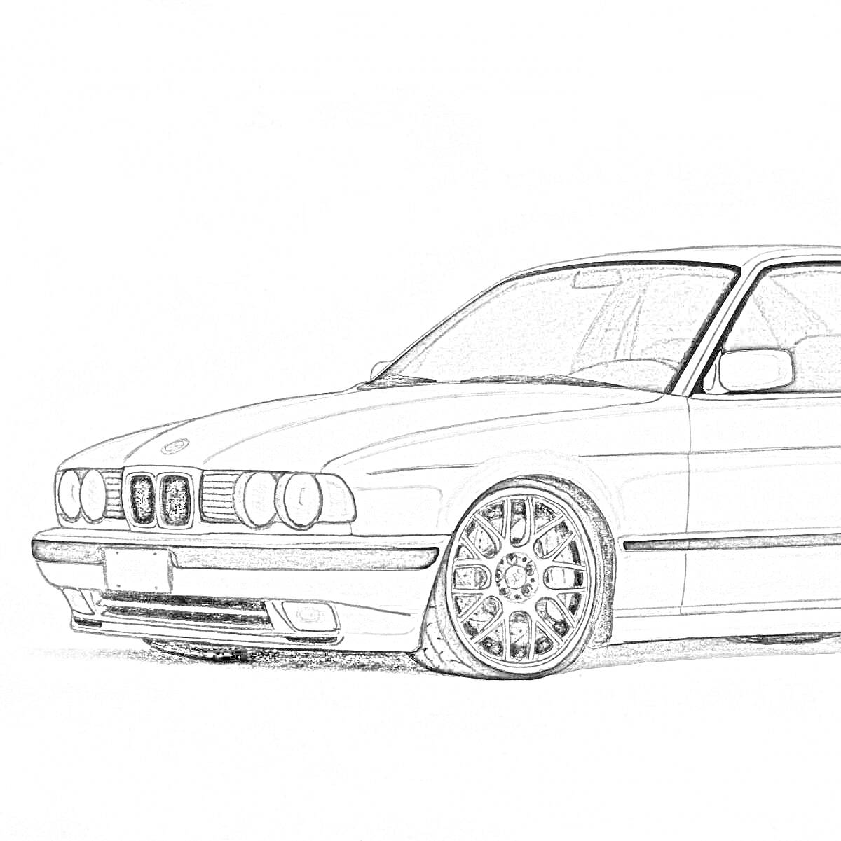 Раскраска Белый автомобиль BMW E34 с деталями кузова и колесами