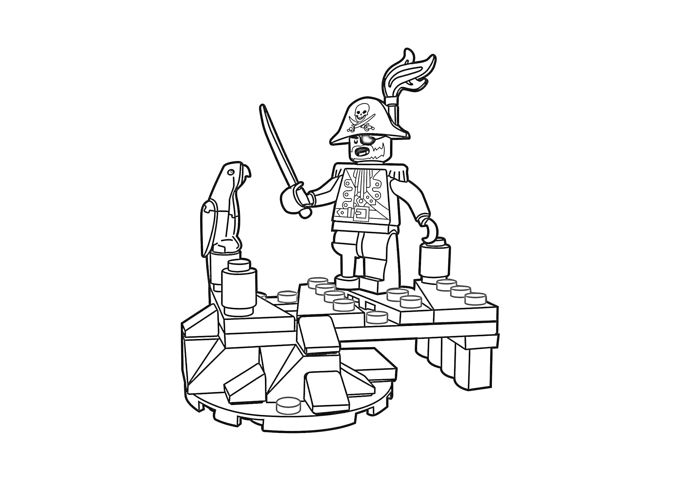 Пират Лего с попугаем, мечом и сундуком на деревянной платформе