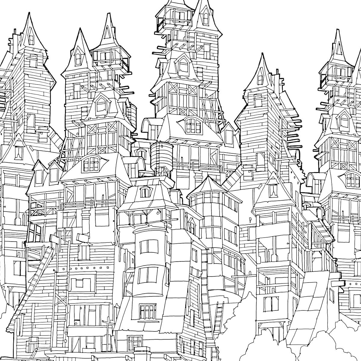 Раскраска Большой город с высокими и сложными строениями