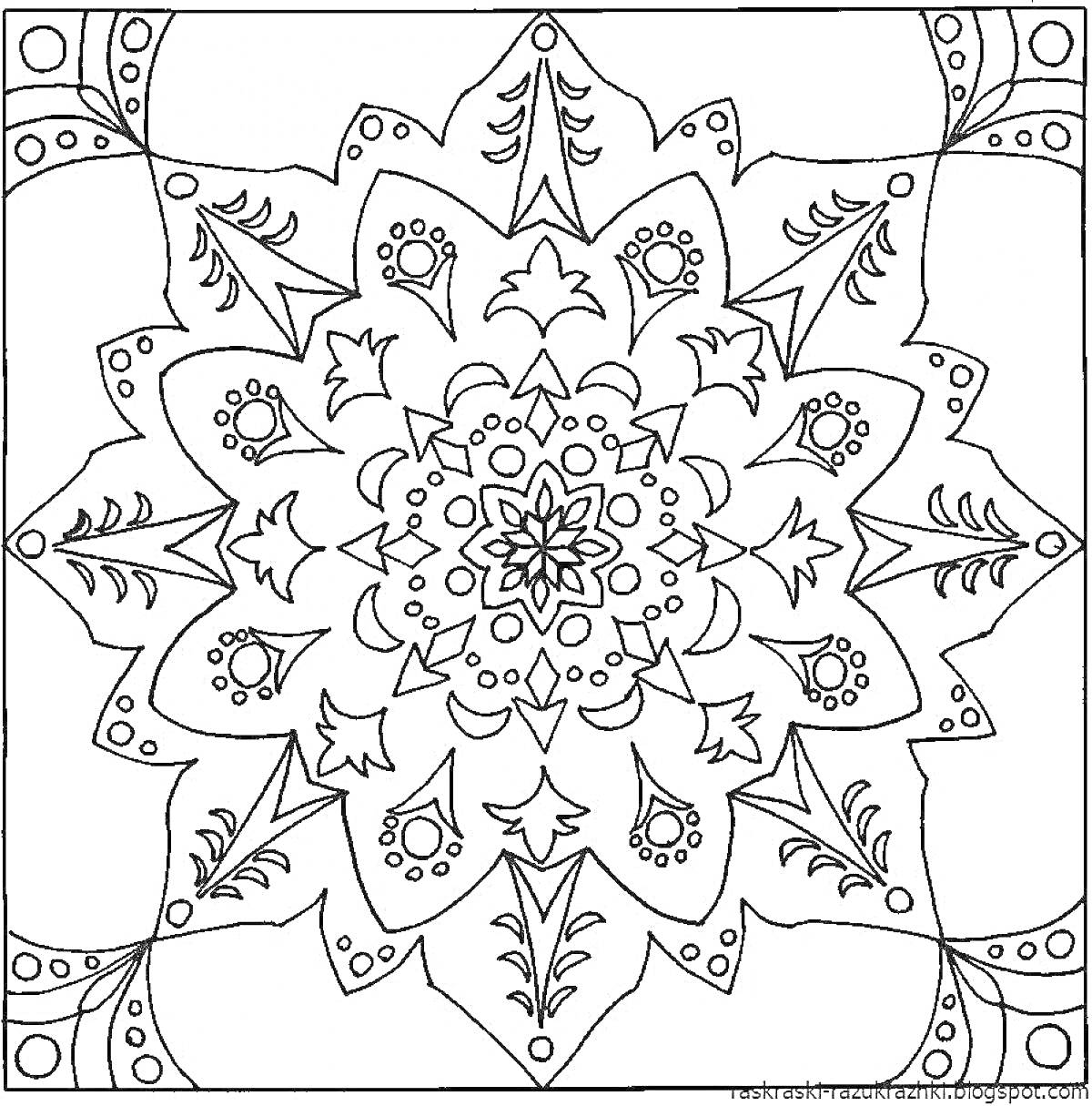 Раскраска Павлопосадский платок с цветочным орнаментом, включающим листочки, цветы, завитки и геометрические фигуры