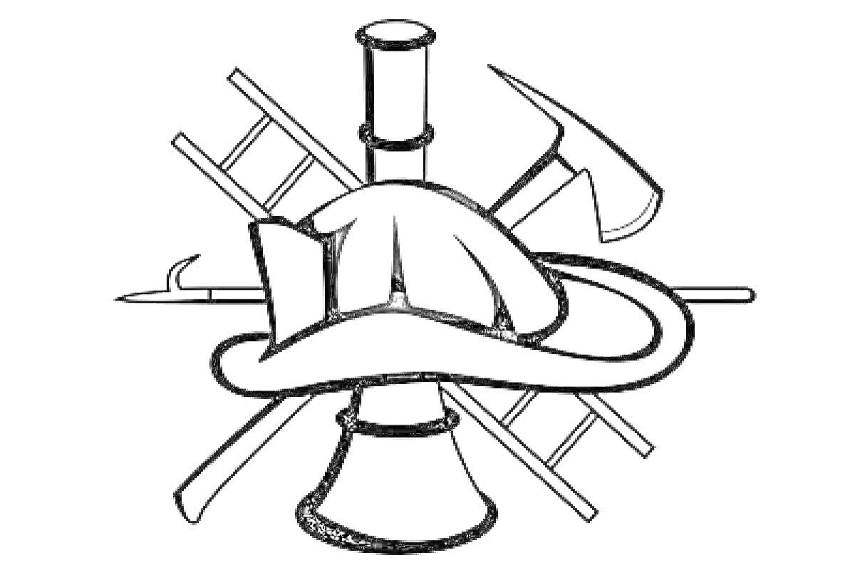 Раскраска Эмблема МЧС с шлемом, лестницей, пожарным топором и рупором