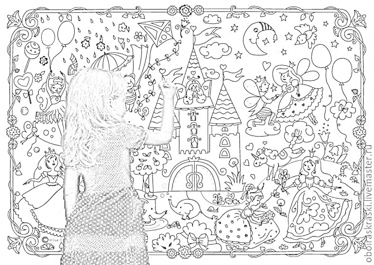 Раскраска Девочка раскрашивает замок с феями и принцессами
