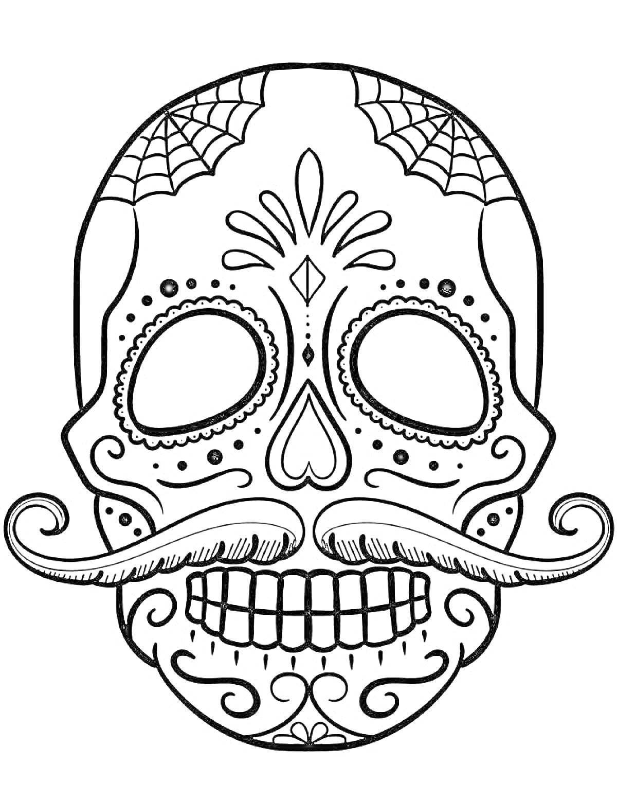 На раскраске изображено: Череп, Узоры, Усы, Паутина, День мертвых, Мексиканский стиль