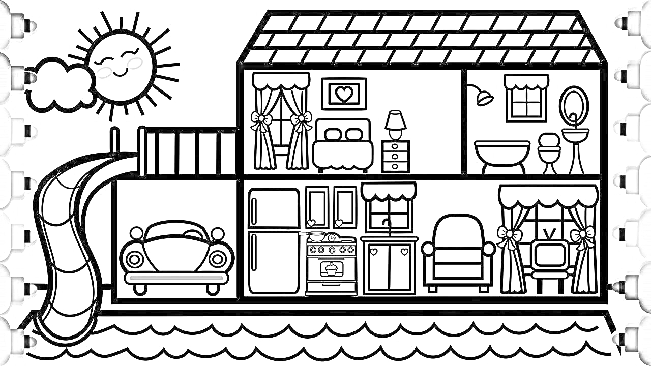 Раскраска Двухэтажный дом для кукол с интерьером, машиной, бассейном и горкой