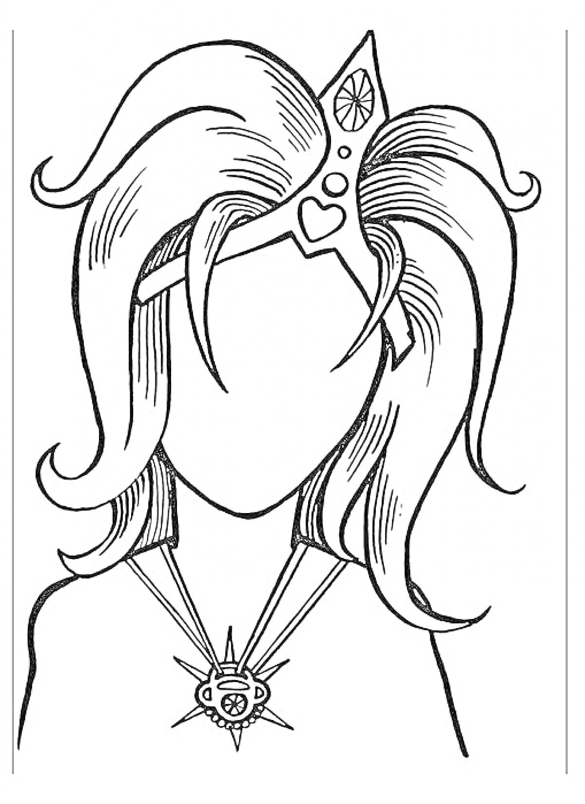 На раскраске изображено: Женщина, Мама, Корона, Ожерелье, Волосы, Волнистые волосы, Портреты