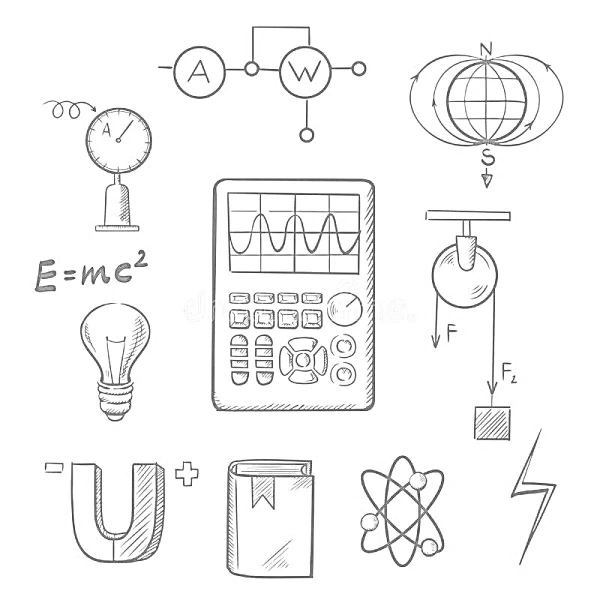 На раскраске изображено: Физика, Магнит, Маятник, Книга, Атом, Глобус, Молния, Силы, Наука