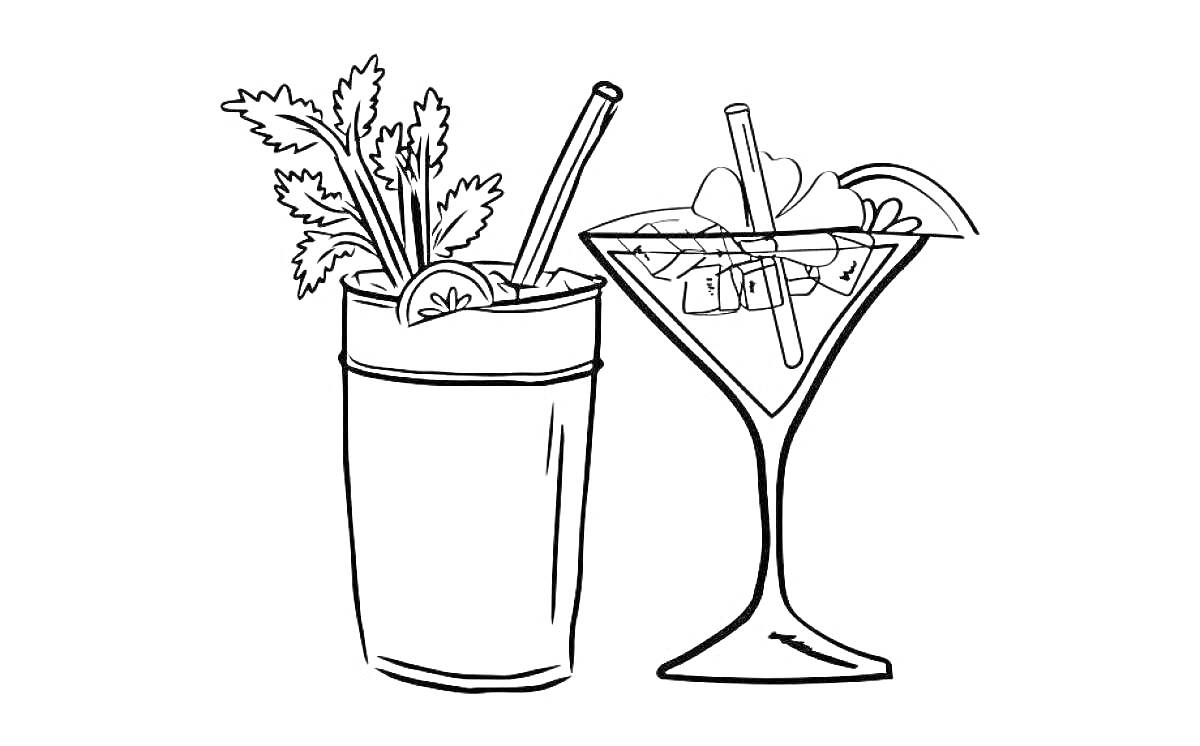 Раскраска Два коктейля – бокал с высокими листьями, соломинкой и долькой лимона и коктейльный бокал с фруктами, мороженым, соломинкой и долькой фрукта
