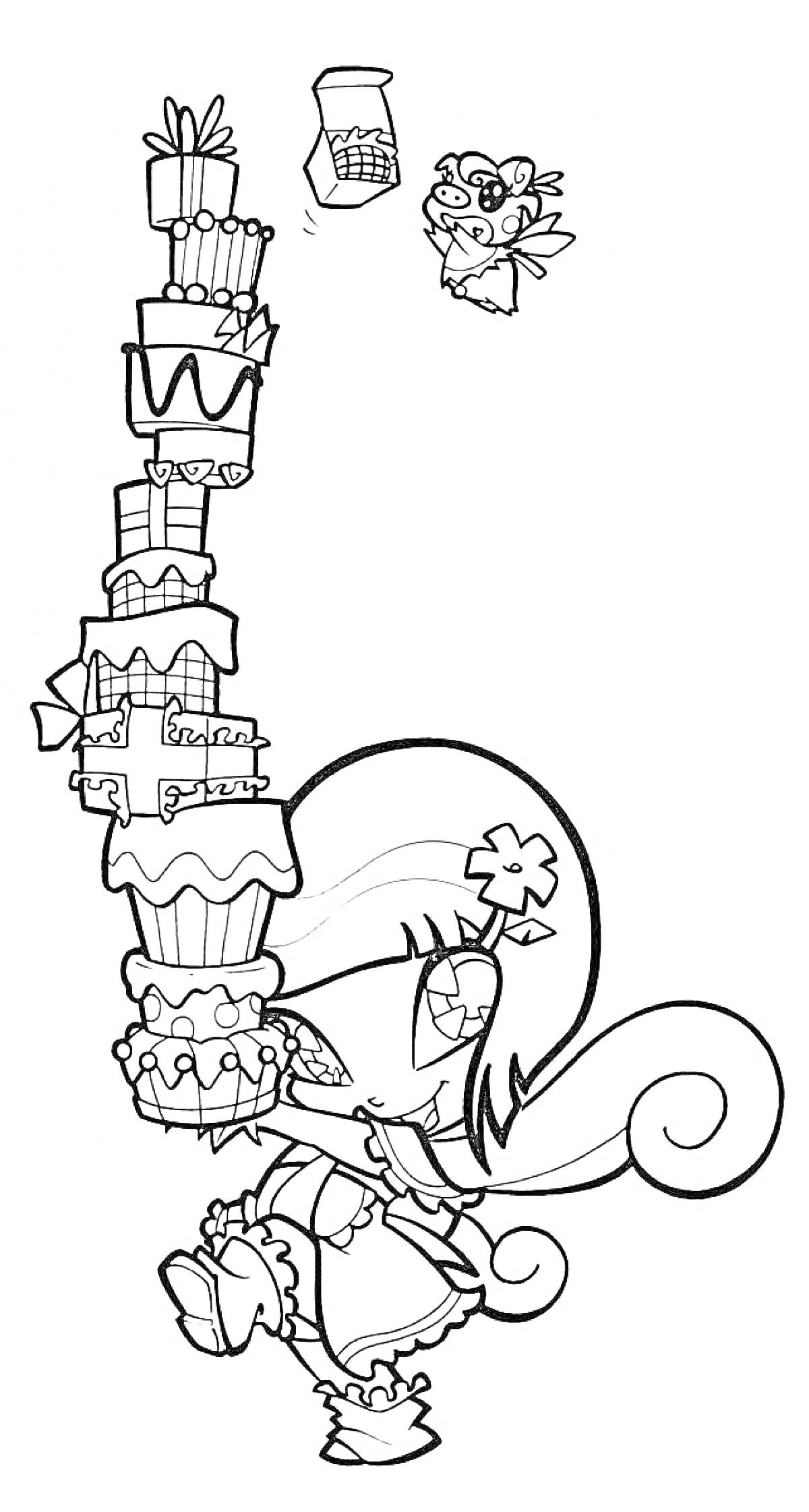 Раскраска Пикси из Винкс несёт высокий штабель подарков, рядом летит другое существо, держащее подарок.