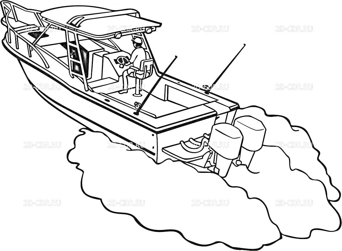 Раскраска Моторная лодка с двумя моторами, управляемая человеком, плывущая по воде