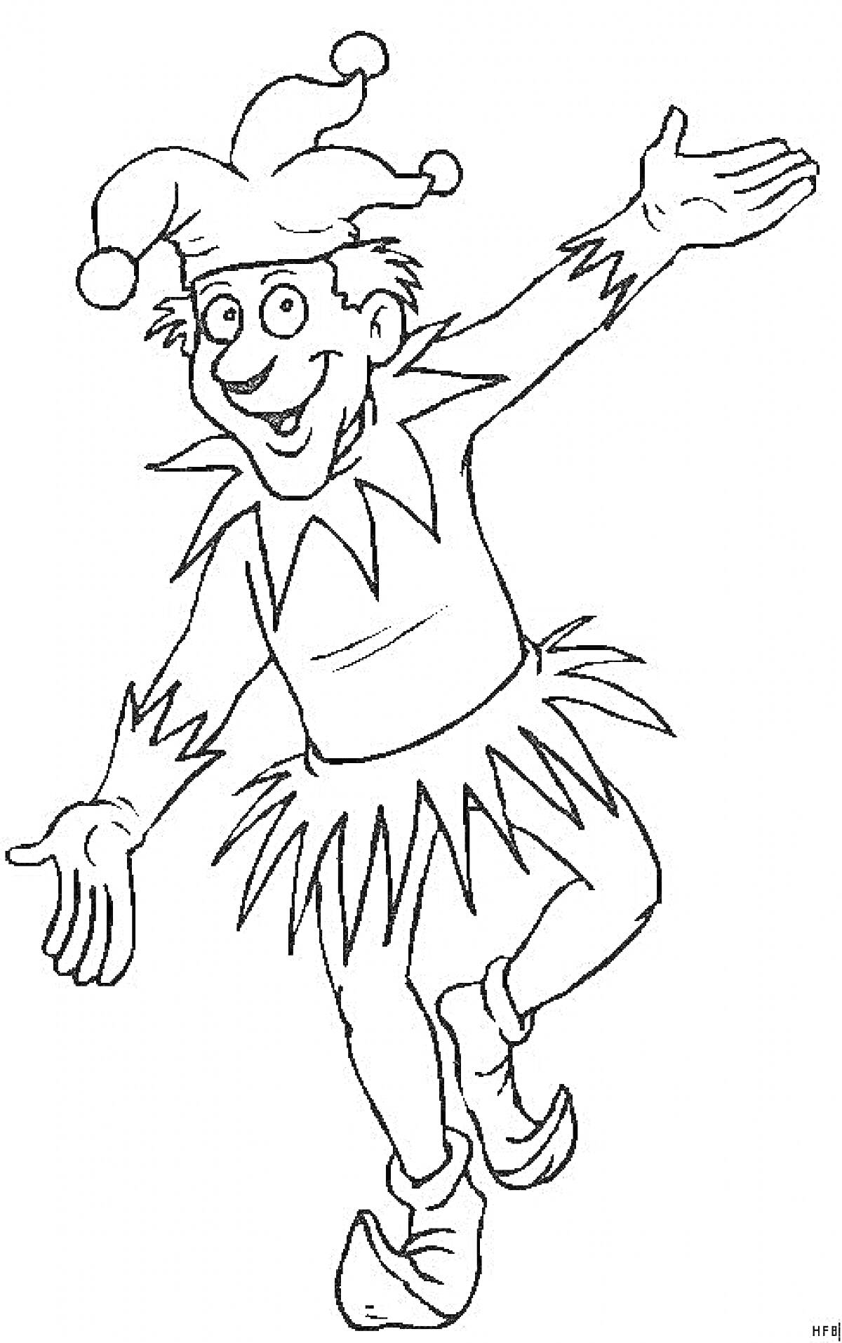 На раскраске изображено: Шут, Колпак, Костюм, Прыжок, Веселье, Клоун, Взрослый, Мультяшный персонаж