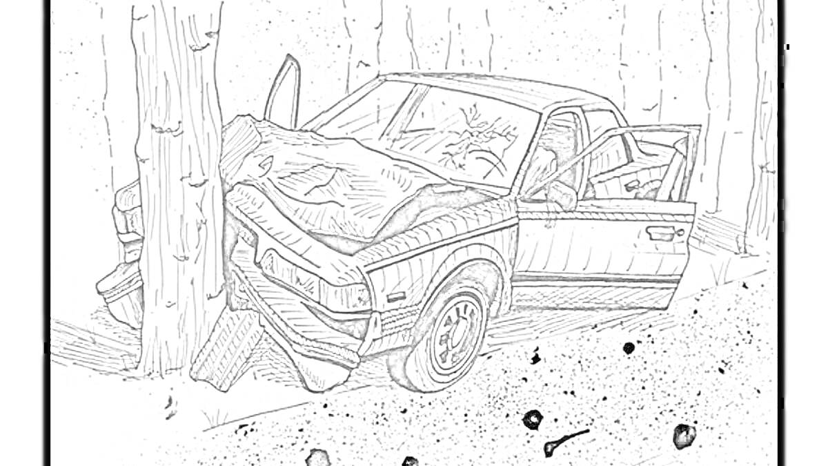 Раскраска Разбитая машина, врезавшаяся в дерево, открытая передняя дверь, дерево, брызги грязи на дороге