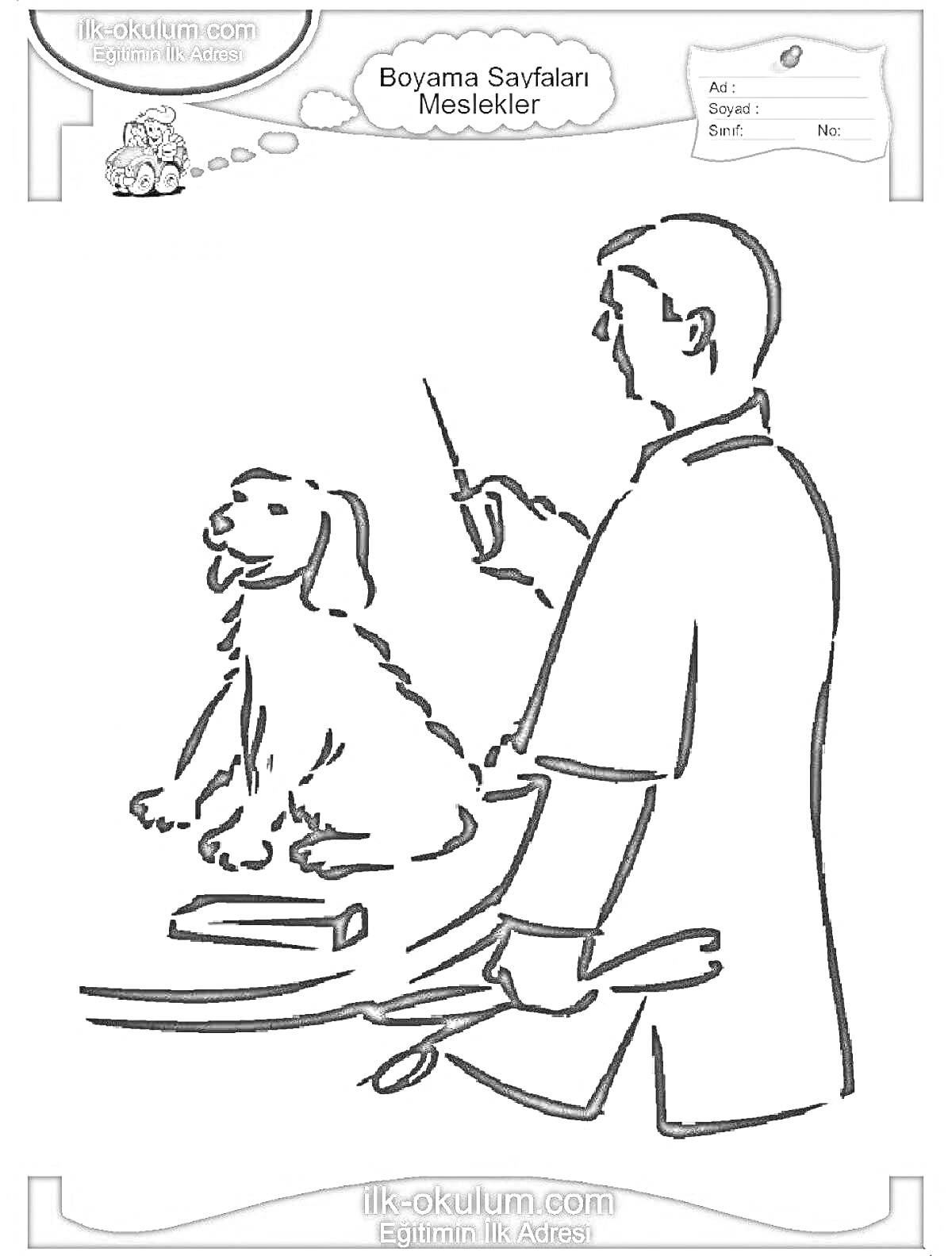 На раскраске изображено: Собака, Врач, Осмотр, Лечение, Инструмент, Домашние питомцы
