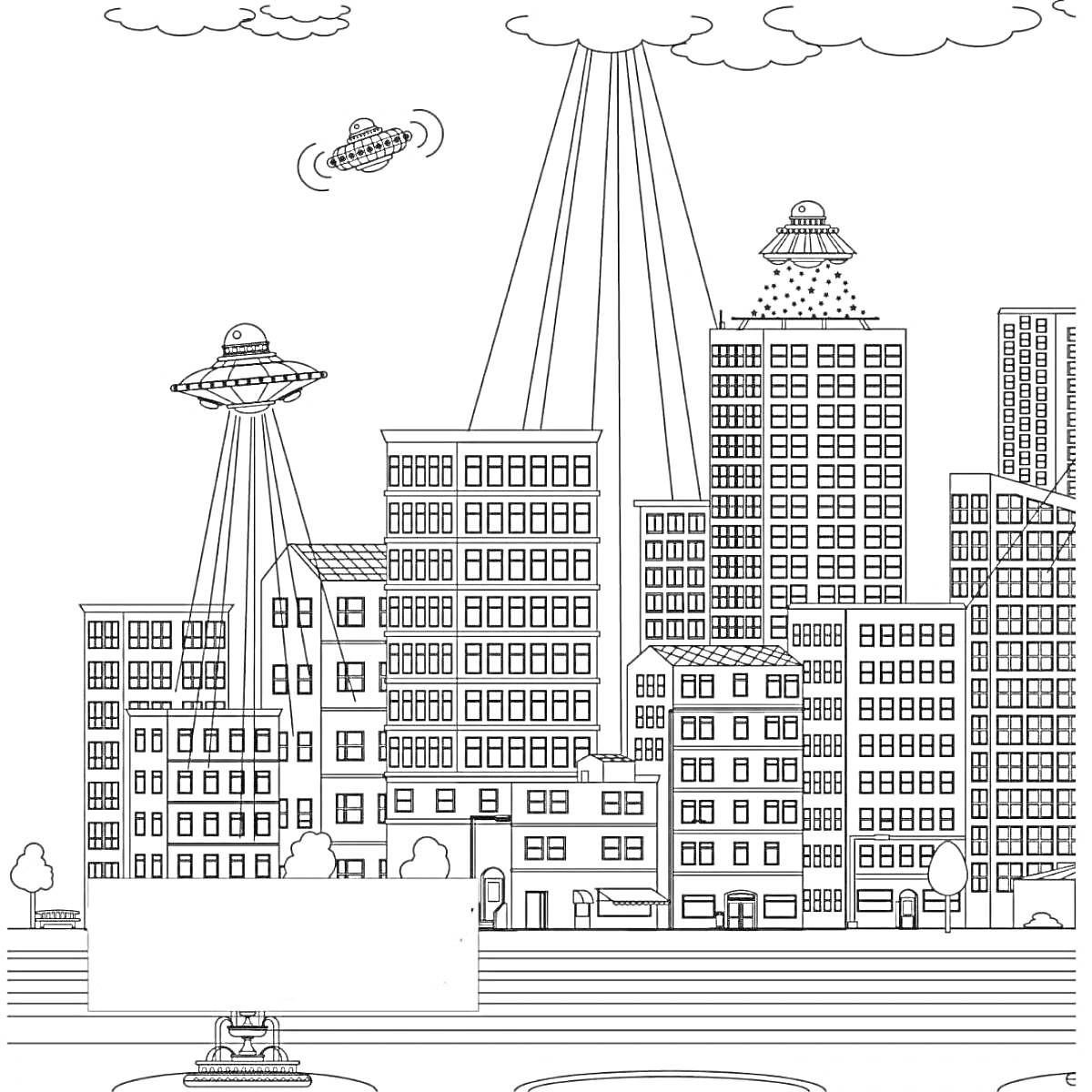 На раскраске изображено: Город будущего, НЛО, Летающие тарелки, Высокие здания, Небоскрёбы, Футуристический город, Пришельцы