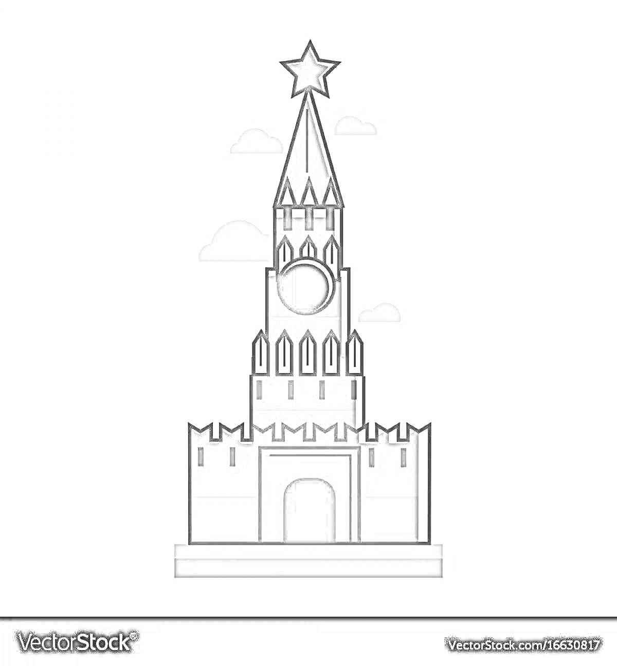 Раскраска Спасская башня Кремля с часами и красной звездой, облака на заднем плане