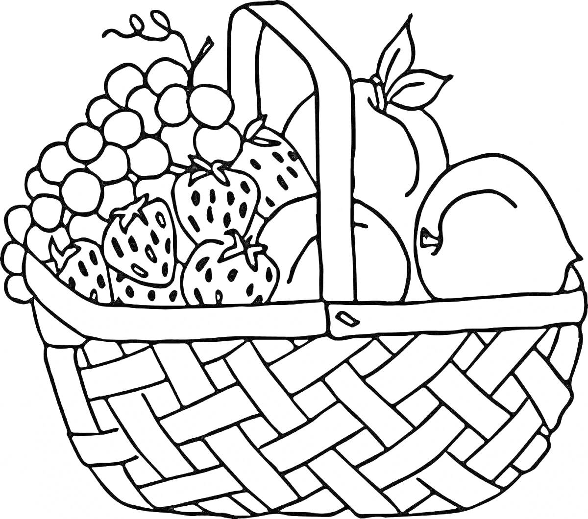 Раскраска Корзинка с виноградом, клубникой, яблоками и персиками