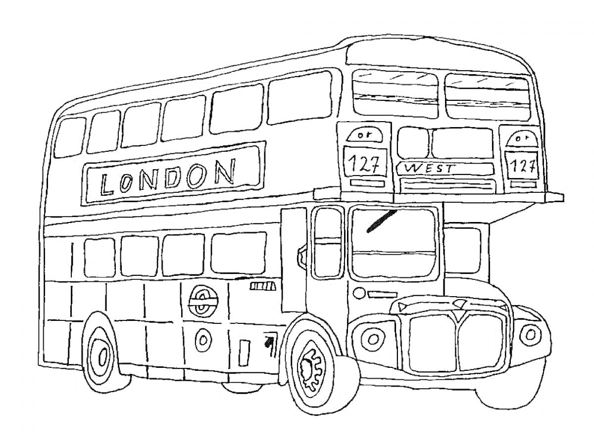 На раскраске изображено: Двухэтажный автобус, Автобус, Лондон, Транспорт, Движение, Городской транспорт