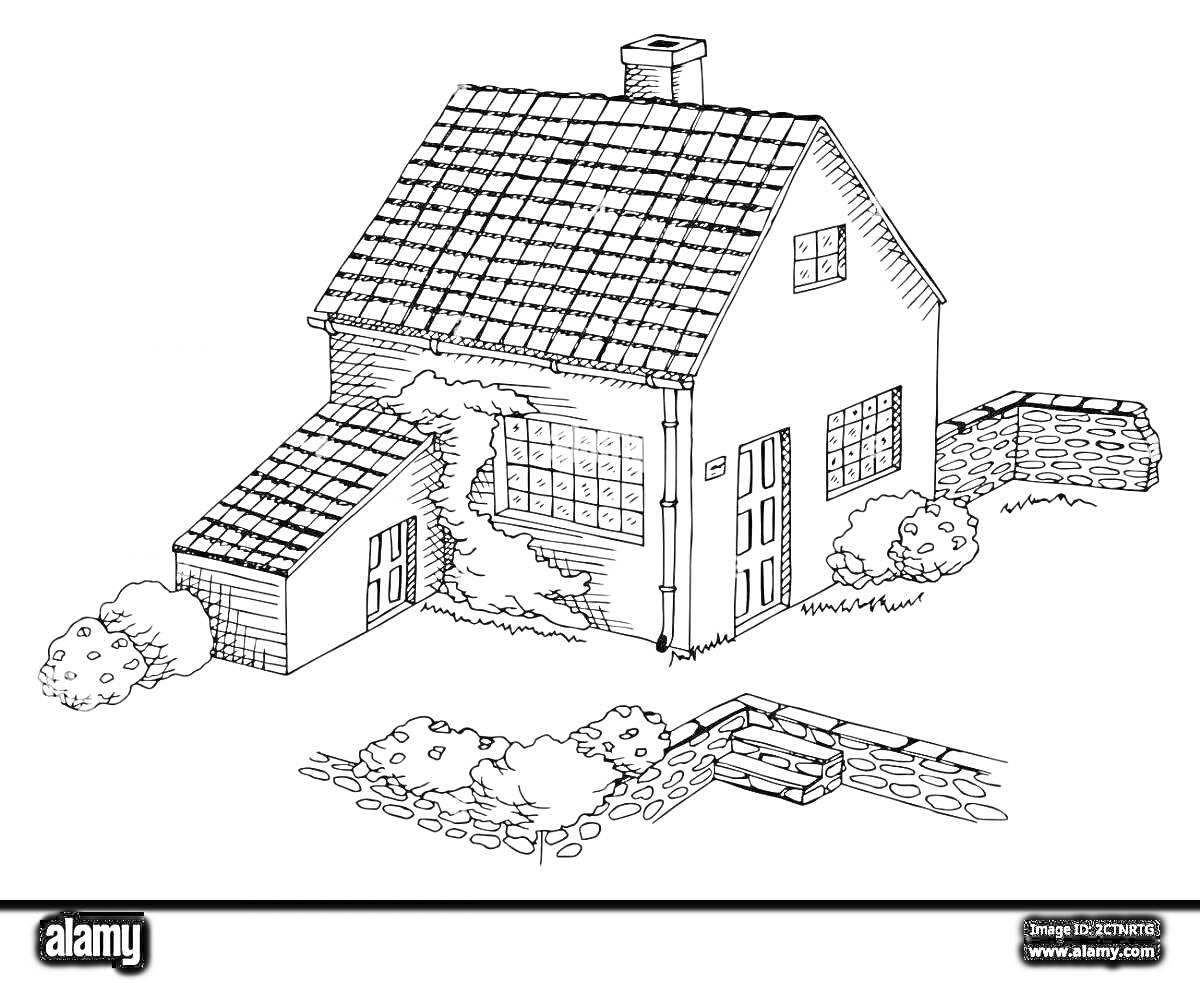 На раскраске изображено: Кирпичный дом, Крыша, Окна, Кусты, Лестница, Каменная стена, Дымоход, Дверь, Клумба