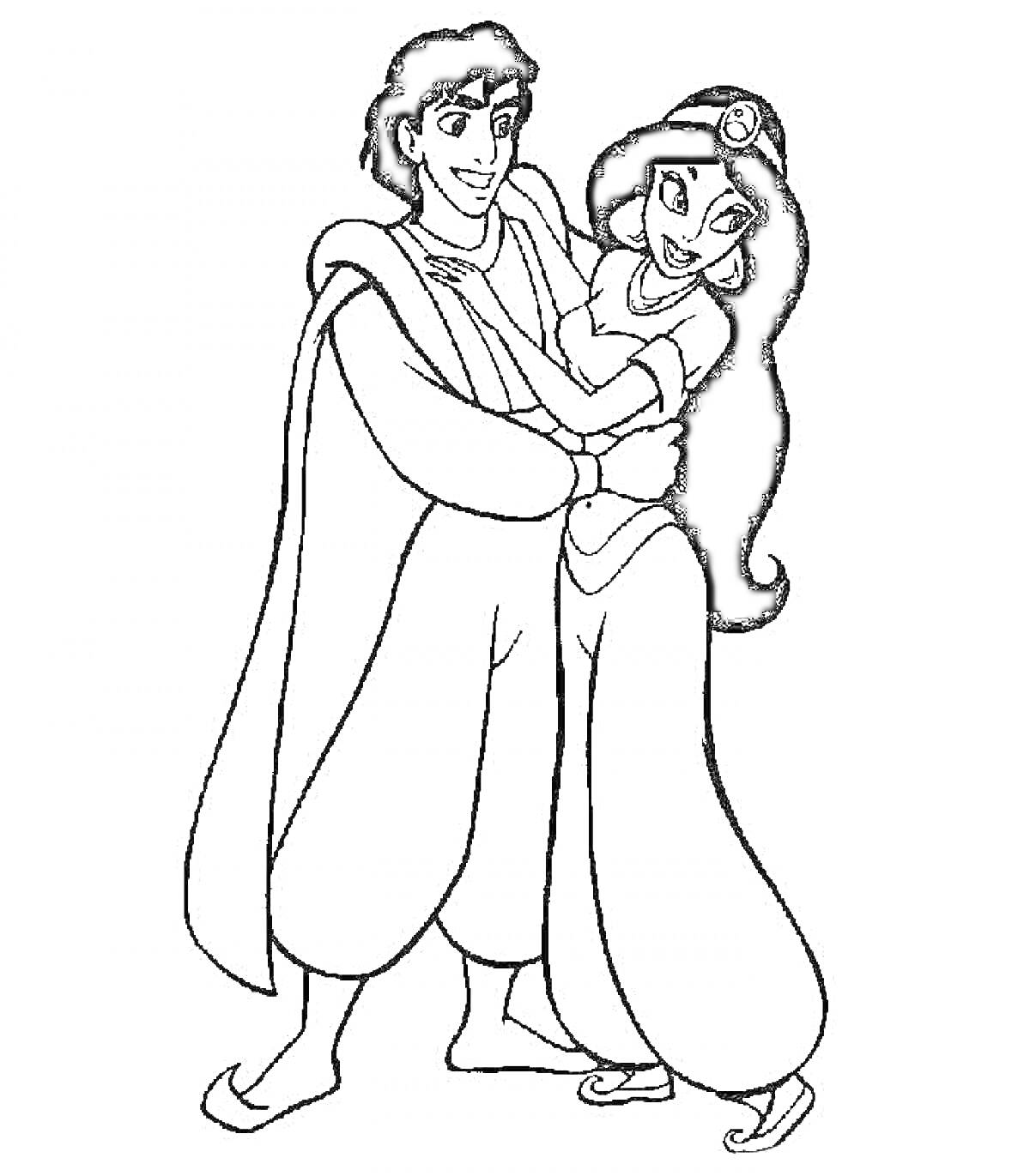 Раскраска Алладин и Жасмин держатся за руки
