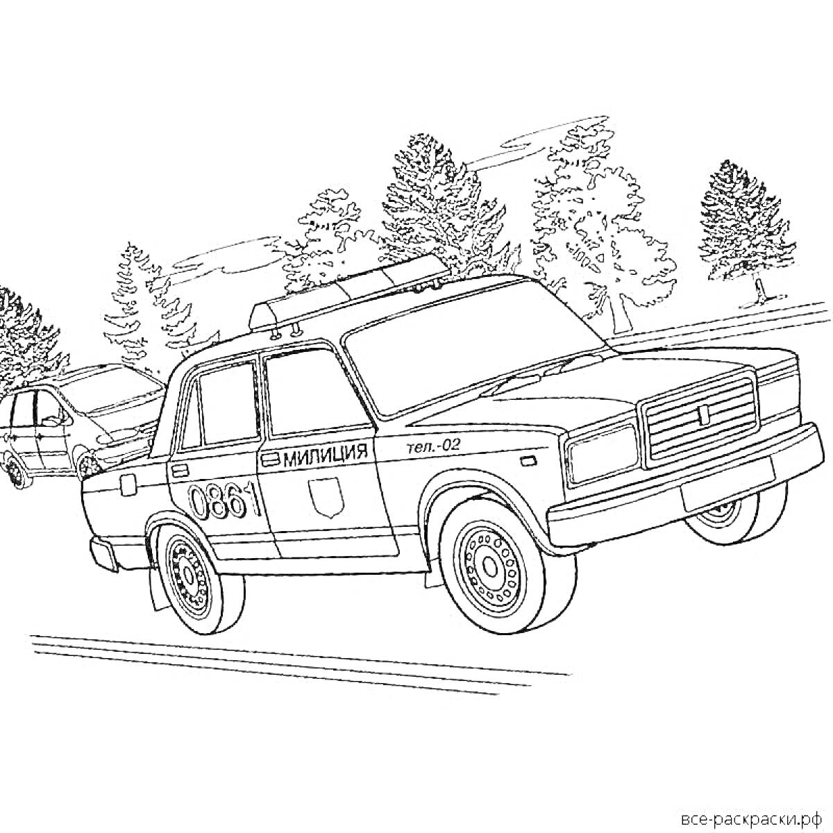 На раскраске изображено: Полицейская машина, Деревья, Милиция, Природа, Патруль