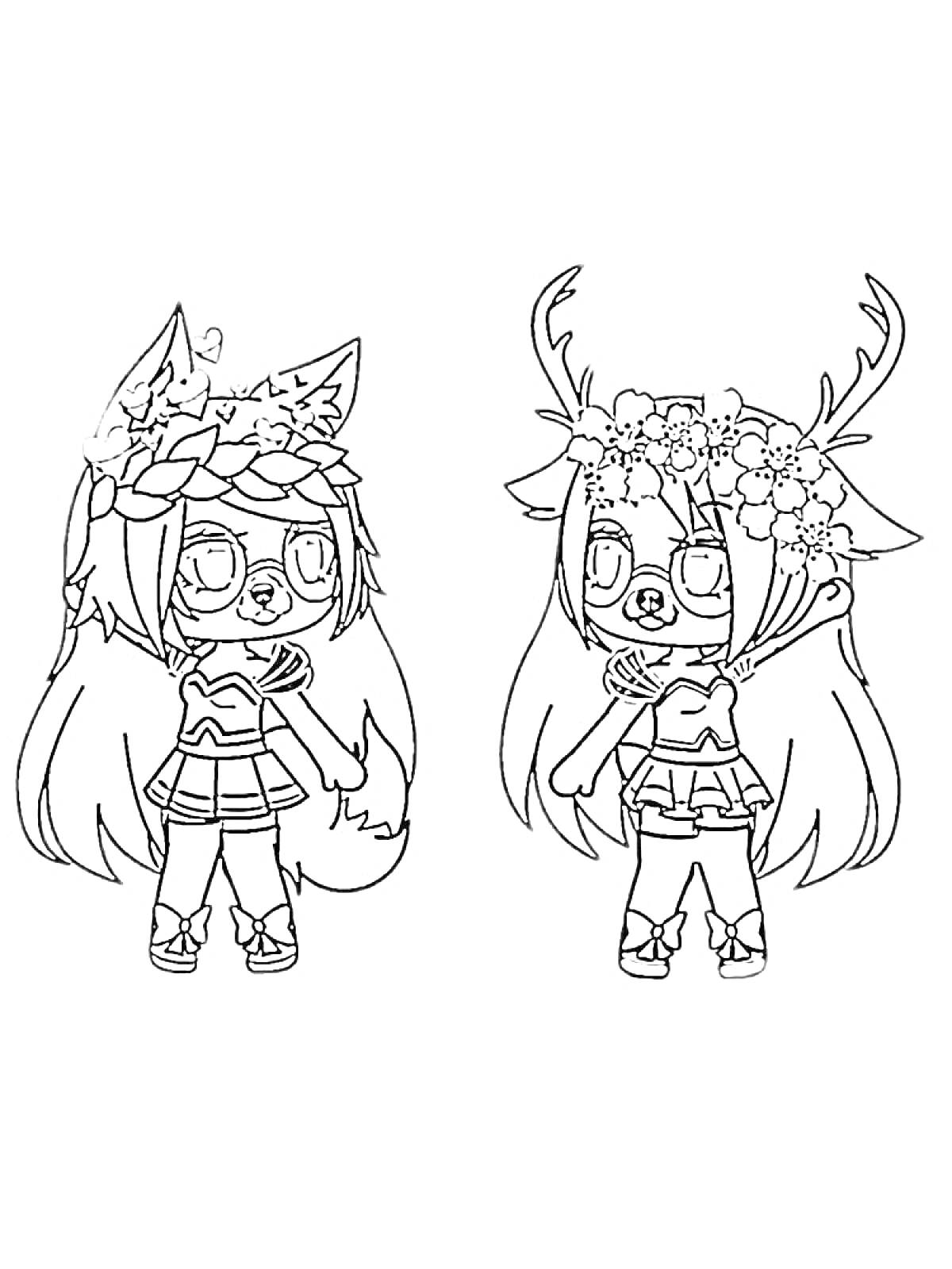 Раскраска Две персонажа Гача Лайф с цветочными головными уборами, кошачьими ушками и оленими рогами