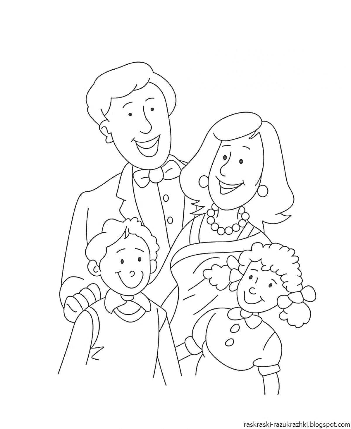 На раскраске изображено: Семья, Мама, Сын, Дочь, Для детей, 6 лет, 7 лет, Счастье, Семейный портрет