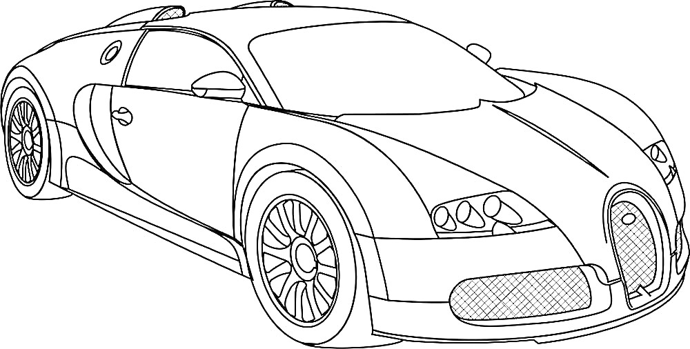 На раскраске изображено: Спортивный автомобиль, Фары, Колесные диски, Bugatti, Зеркало