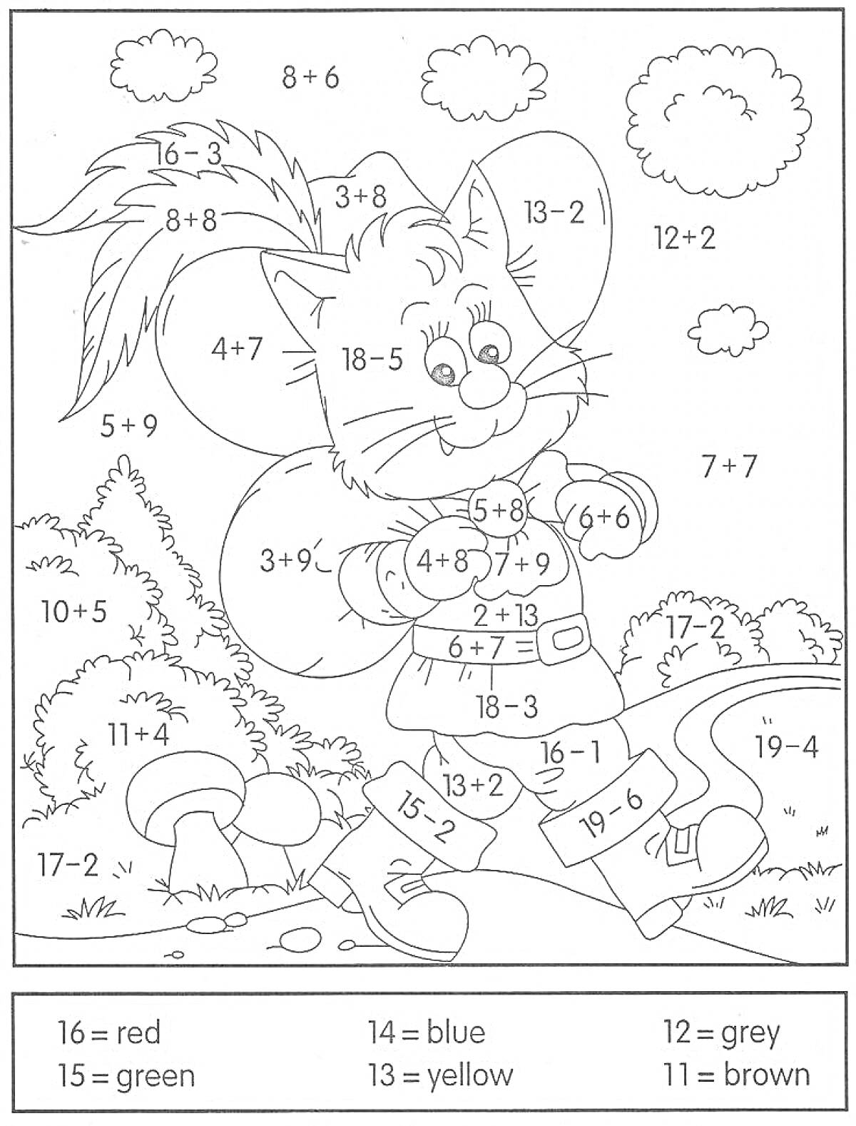 Раскраска Кот на фоне природы с математическими примерами (сложение и вычитание в пределах 10)