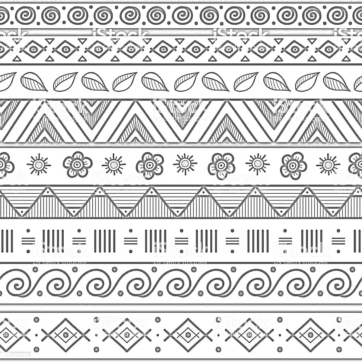 Раскраска Узор в полосе с элементами: завитки, треугольники, ромбы, спирали, листья, цветы, солнца, линии