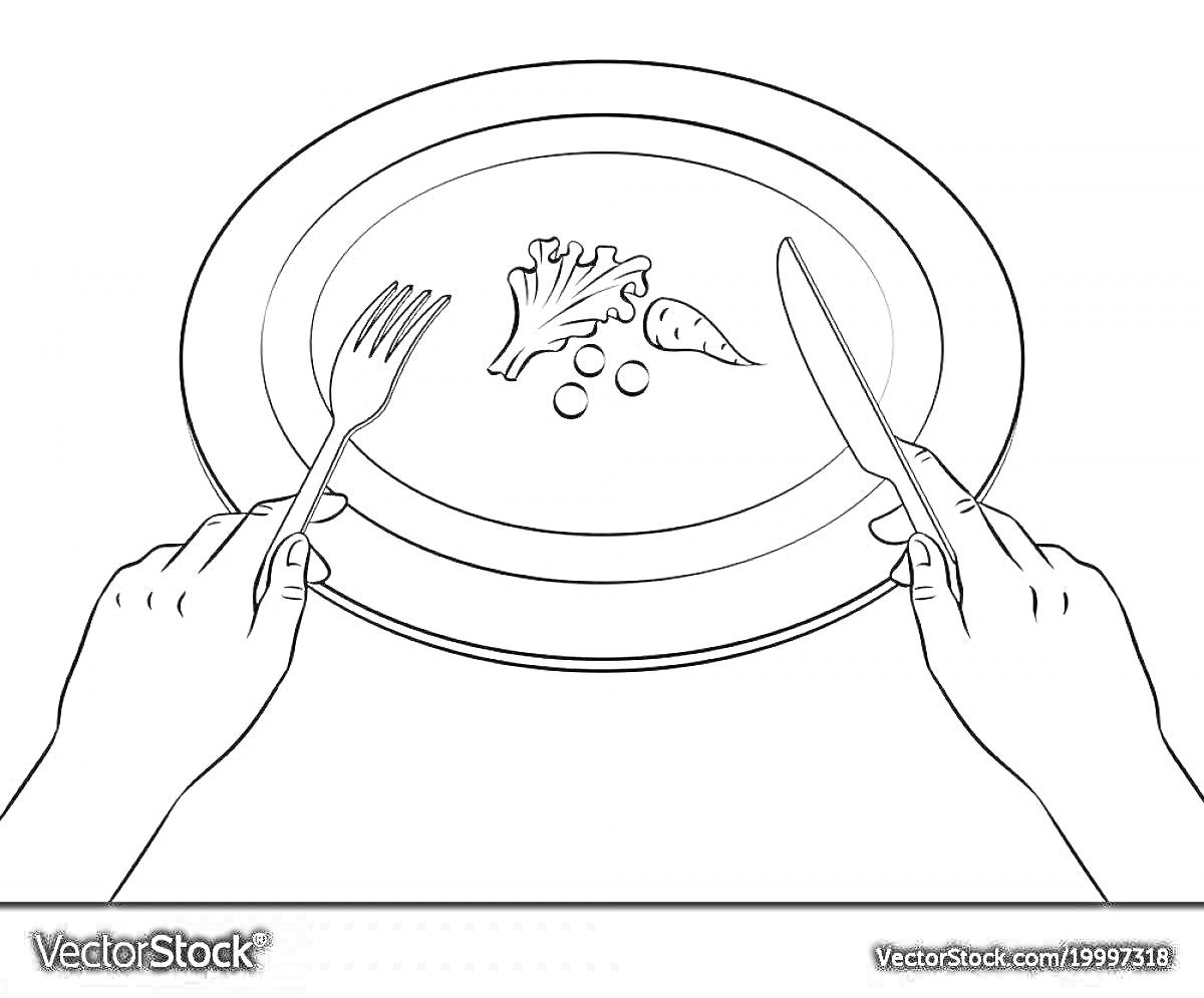 На раскраске изображено: Еда, Тарелка, Брокколи, Морковь, Вилка, Нож, Руки, Обед, Ужин