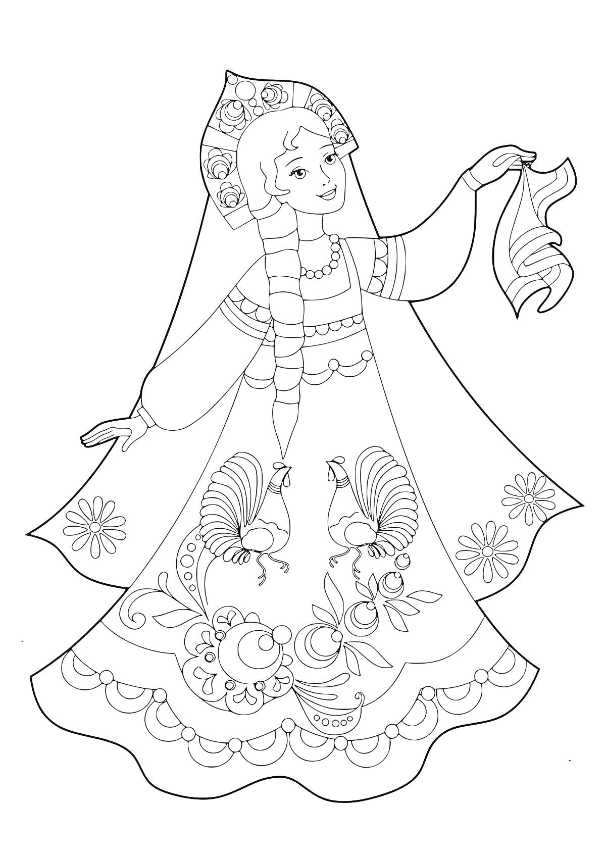 На раскраске изображено: Русский сарафан, Девочка, Узоры, Платок, Цветы, Традиционная одежда